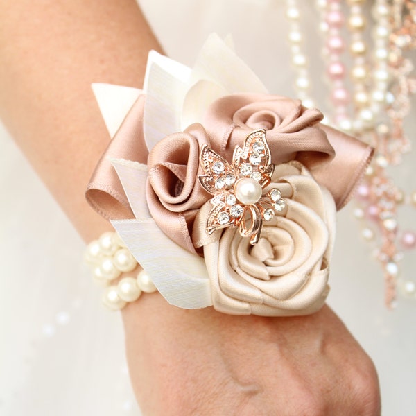 Bridesmaids corsage Ivory Champagne rose gold, prom bracelet, boutonniere. wrist flowers