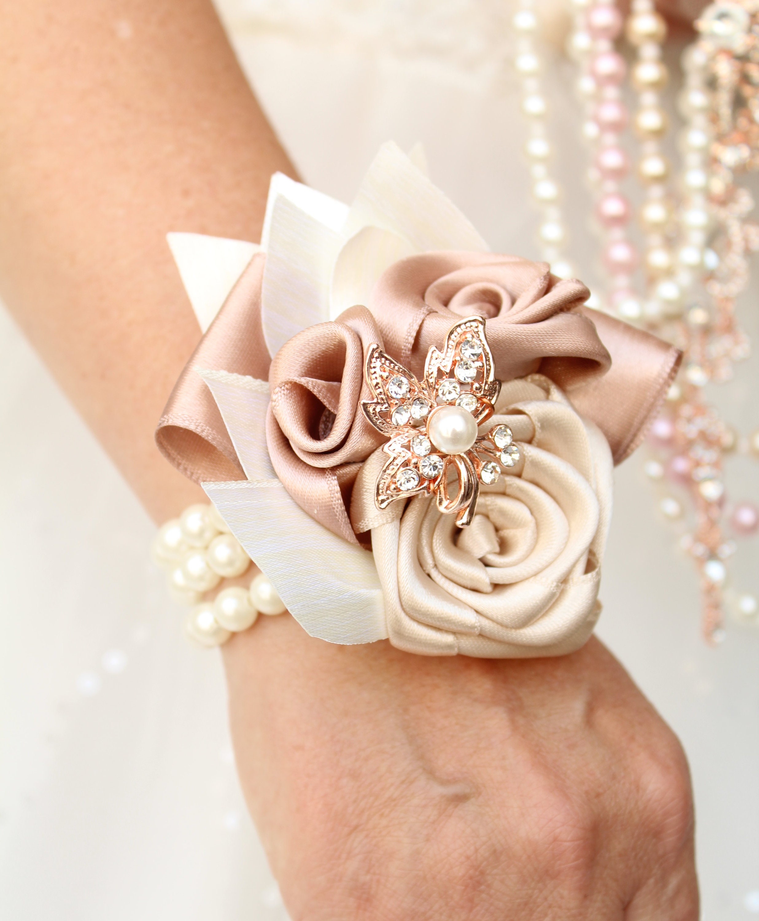 Rose gold wrist corsage best sale