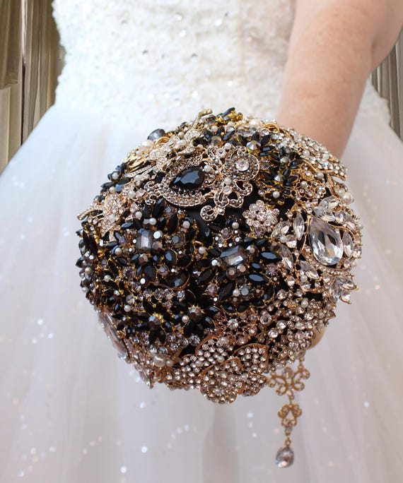 Black Gold Jeweled Brooch Bouquet: Glam Wedding Flowers