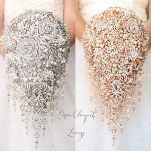 Cascade brooch bouquet. Jeweled silver or rose gold wedding bouquet. Glamour wedding