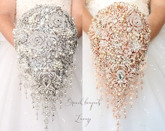 Cascade brooch bouquet. Jeweled silver or rose gold wedding bouquet. Glamour wedding