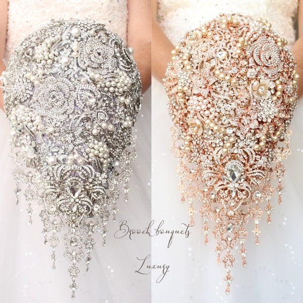 Cascade brooch bouquet. Jeweled silver or rose gold wedding bouquet. Glamour wedding