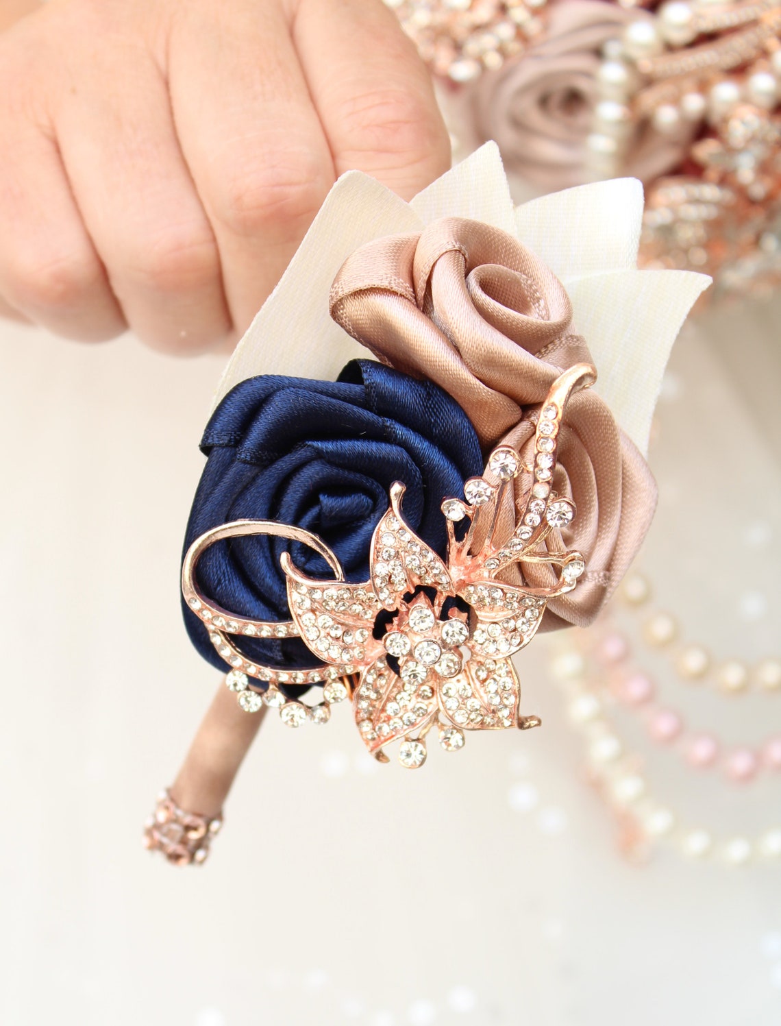 Groom boutonniere Navy blue Champagne rose gold prom Boutonniere #1