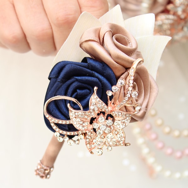 Groom boutonniere Navy blue Champagne rose gold, prom bracelet, groomsmen boutonniere. wrist flowers