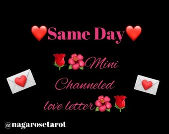 Puede incluir: Texto rosa sobre fondo negro que dice "Same Day Mini Channeled love letter" con corazones y flores. El texto "@nagarosetaorot" está en la parte inferior de la imagen.