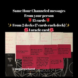 May include: A collection of 15 tarot cards laid out on a black background with a floral pattern. The cards are red and white with black text. The text on the cards includes phrases like "I was dead wrong!" and "You are in my heart now and forever".