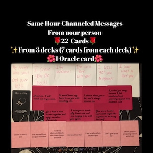 May include: A collage of 22 cards with messages written on them. The cards are arranged in a grid pattern and are surrounded by a black background with a floral design. The text on the cards includes phrases such as "I crave you the most!" and "I'm so in love with you!" The cards are from three decks and one oracle card. The image also includes the text "@nagarosetarot".