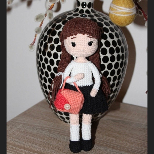 Crocheted doll with backpack, doll, schoolgirl