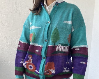 vintage Austrian greenwool house scenery embroidered trachten tyrolean folkclore knit cardigan 1980s // Large size