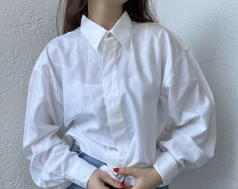 Vintage white cotton Blouse, textured fabric, Gold button, straight collar, Women’s Elegant Shirts