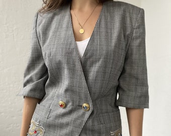 Women's Vintage Gray Plaid Blazer Size S/M