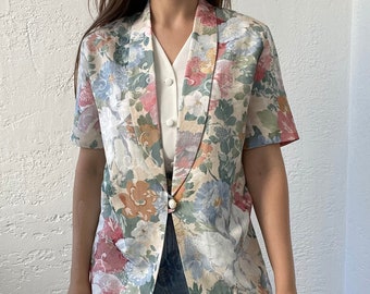 Vintage Pastell Floral Damen Blazer Seidenjacke Kurzärmelige Perle Detail Sommer Blazer