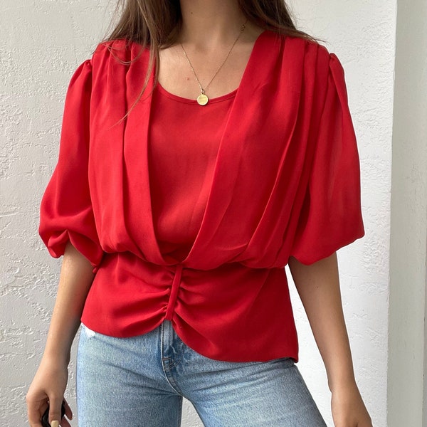 Vintage Red blouse/90s red blouse/Princess Diana style blouse/Blouse with elastic waist/ Medium Size/Half Sleeve