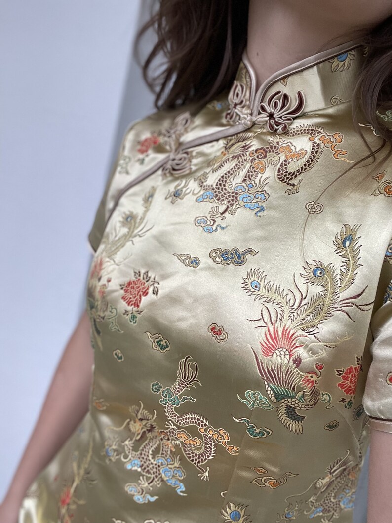 1970's Gold Chinese Dress Dragons Print Qipao - Etsy
