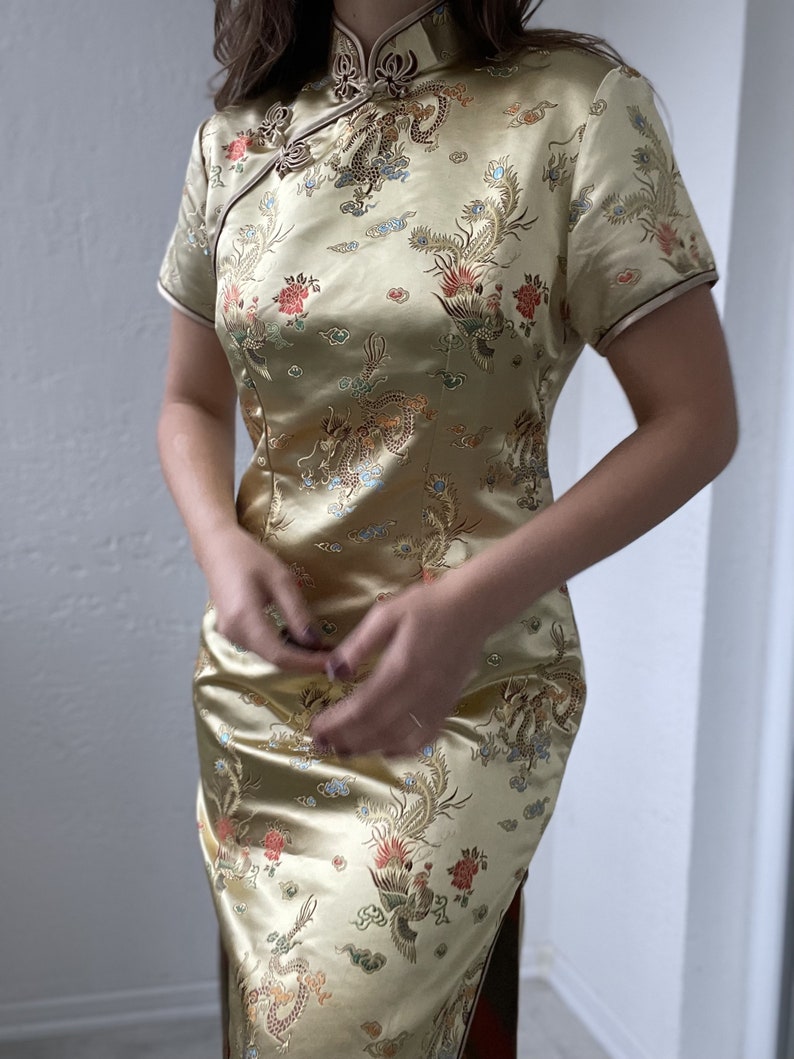 1970's Gold Chinese Dress Dragons Print Qipao - Etsy
