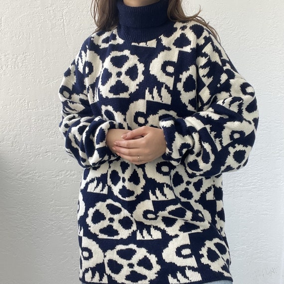 Geometric big wool sweater, turtle neck sweater, plus