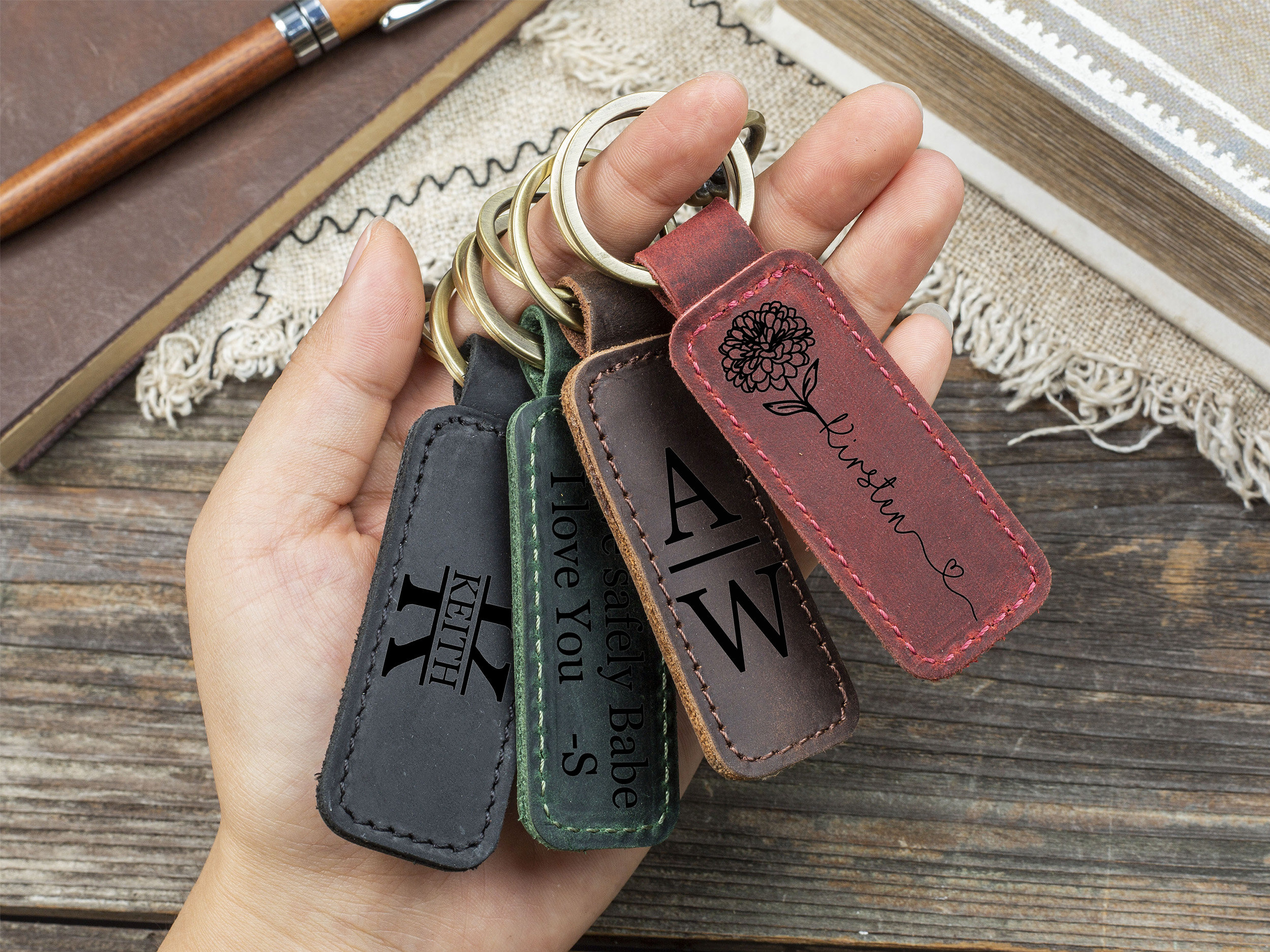 Engraved Leather Fabric key fob, wristlet, key chain with Single letter,  number