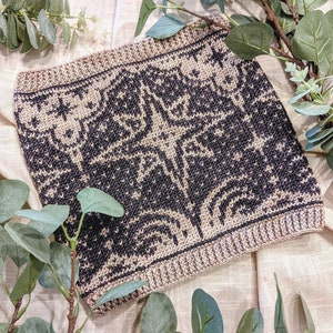 Puede incluir: Un cuello tejido con un patrón geométrico. El cuello presenta un diseño de estrella central en negro y beige, con un borde beige acanalado. El fondo es una tela neutra con acentos de follaje verde.