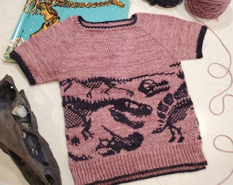 Fossil Frenzy Tee Jr. (Youth) Pattern, Knit Dinosaur Unisex Kids' Sweater, Digital PDF Pattern