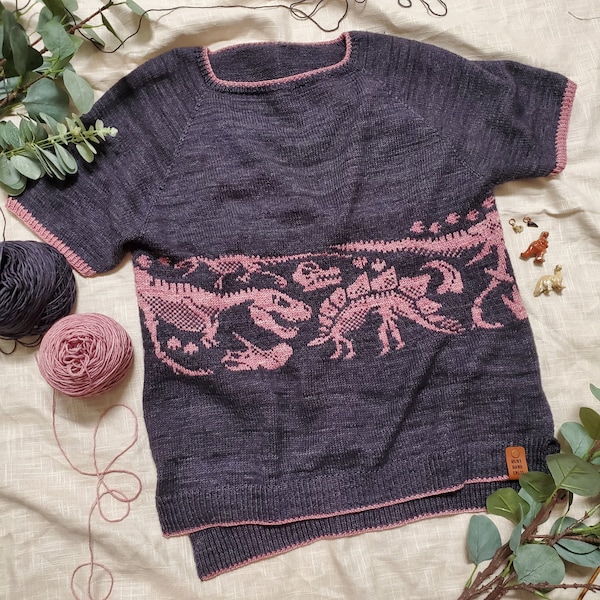 Fossil Frenzy Tee (Adult) Pattern, Knit Dinosaur Unisex Sweater, Digital PDF Pattern