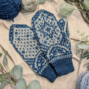 May include: A pair of blue and grey knitted mittens with a geometric pattern. The mittens are lying on a beige fabric background with green leaves.