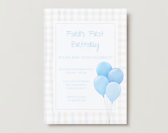 EDITIERBARE Geburtstagsfeier Einladungsvorlage, Gingham Ballon einladen, klassische Tan Blue Party Einladung, bearbeitbarer Sofort Download
