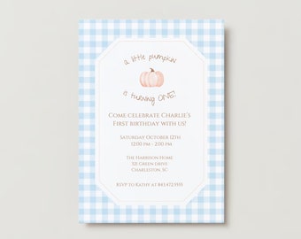 EDITIERBARE Geburtstagsfeier Einladungsvorlage, Gingham Herbst Kürbis einladen, klassische blaue Partyeinladung, bearbeitbarer Sofort Download