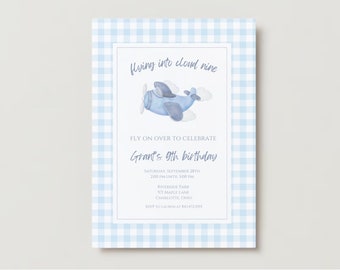 EDITIERBARE Geburtstagsfeier Einladungsvorlage, Gingham Flugzeug Wolke Neun Einladen, klassische blaue Party Einladung, bearbeitbare Sofort Download