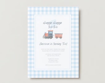 EDITIERBARE Geburtstagsfeier Einladung Vorlage, Gingham Zug Chugga Chugga einladen, klassische blaue Party Einladung, bearbeitbare Sofort Download