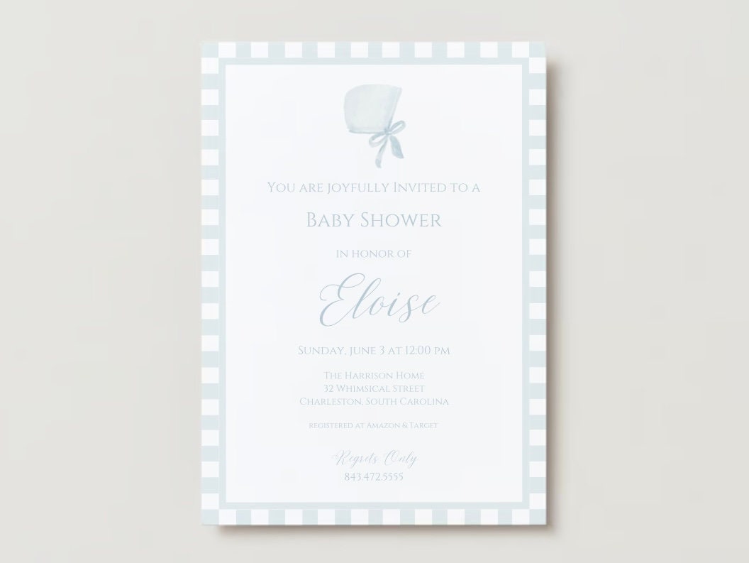 EDITIERBARE Babypartyeinladungsvorlage, Gingham-Duscheeinladung, klassische blaue Partyeinladung, bearbeitbarer Sofortdownload