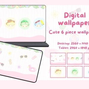 May include: A digital wallpaper set featuring six designs with pastel colors, illustrated characters, and summer motifs like sunglasses, beach balls, and flowers. Text includes Digital wallpaper, Cute 6 piece wallpapers, Desktop: 2560 x 1440 px, and Tablet: 2960 x 1848 px.