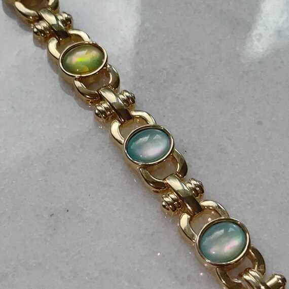 Blue & Green Opalescent Cabochon Gold Tone Link B… - image 9