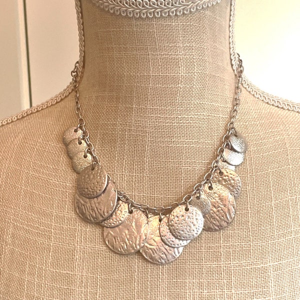 Silver Embossed Medallions, Chain Bib Necklace, Boho Jewelry, Statement