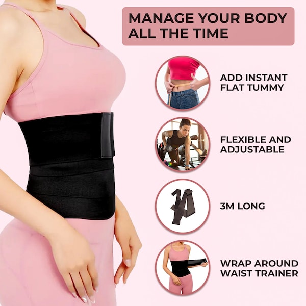 Wrap Tummy Waist Trainer, Adjustable Elastic Waist Trainer, Free Size Waist Trainer, Best Waist Cincher Trainer for Gym, Yoga, and Sports