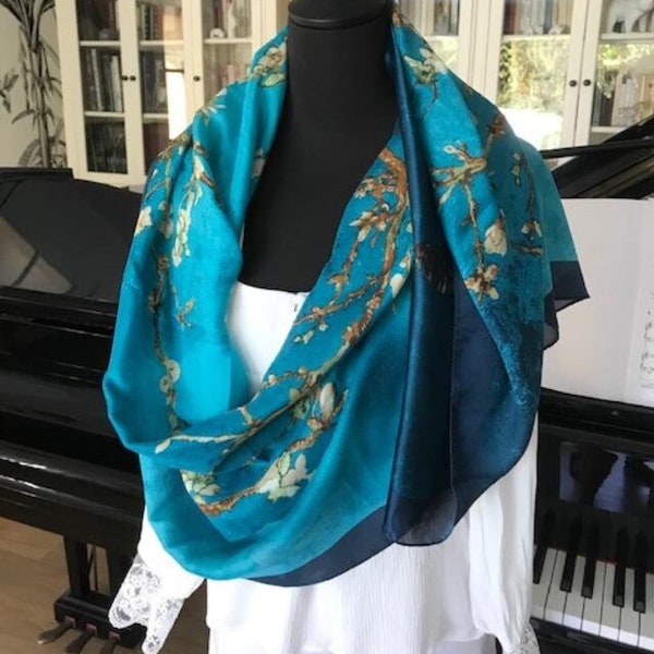 Van Gogh pattern scarf, Silk stole scarf, Blue silk scarf, Large silk scarf, Handmade silk luxury for women