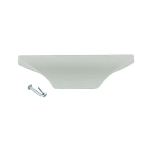May include: A white, curved cabinet pull with two silver screws.