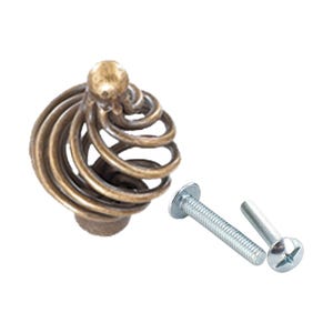 May include: A bronze-colored cabinet knob with a spiral design. The knob comes with two screws for installation.