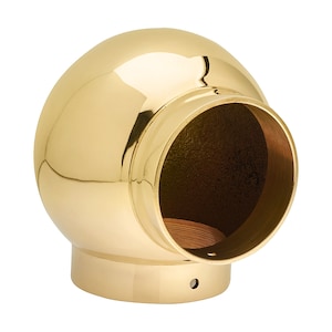 May include: A polished brass round handrail end cap with a smooth, rounded surface and a hollowed-out interior for fitting a handrail.