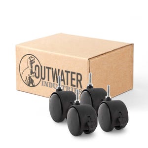 May include: Four black swivel casters with a threaded stem for attaching to furniture. The casters are packaged in a brown cardboard box with the text "Outwater Industries" printed on the side.