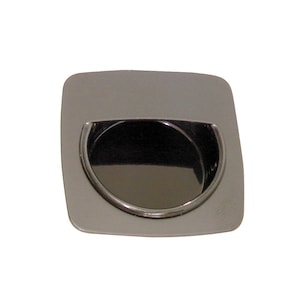 May include: A square-shaped, brushed nickel cabinet pull with a recessed, rounded, half-circle opening.