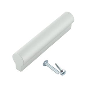 May include: A silver-colored, cylindrical cabinet pull with rounded edges. The pull comes with two silver screws.