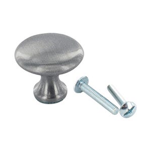 May include: A silver cabinet knob with a round top and a short stem. The knob comes with two screws.