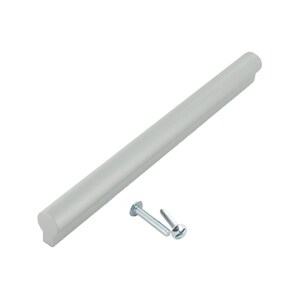 May include: A silver cabinet pull with rounded ends. The pull comes with two screws.