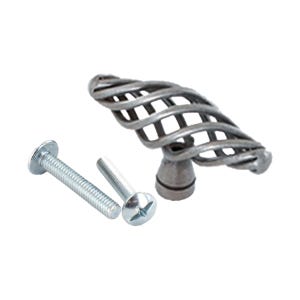 May include: Silver cage-style cabinet knob with two silver screws.