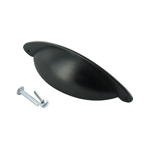 May include: Black cabinet pull with a curved, rounded shape. The pull comes with two silver screws.