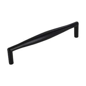 May include: Black cabinet pull with a curved design. The pull is approximately 5 inches long.