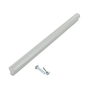 May include: A silver cabinet pull with rounded ends. The pull comes with two screws.