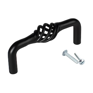 May include: Black metal cabinet pull with a twisted wire design. The pull has a 3-inch center-to-center measurement. It comes with two screws.
