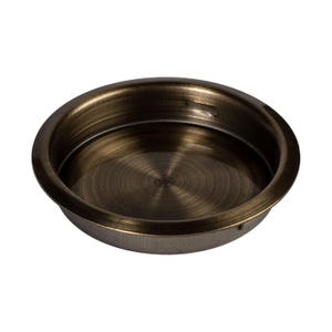 May include: A round, antique brass cabinet knob with a smooth, brushed finish.