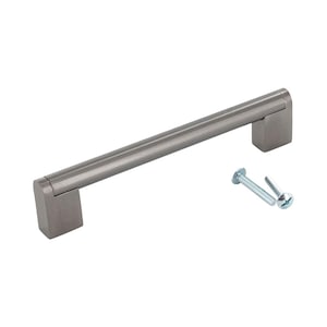 May include: A brushed nickel cabinet pull with square ends and two screws.